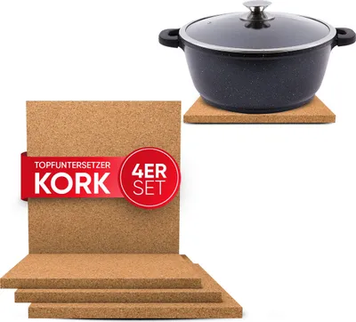 Produktbild von wortek eckig Kork Untersetzer/ Unterlage – Topfuntersetzer / Pflanzenuntersetzer aus Kork zum Schutz vor Kratzer & Flecken – für Töpfe, Pfannen, Auflaufform, Gläser, Teller, Vasen, Blumen & Co | Ø 19 cm | 4 Stück