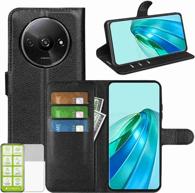 Image de Étui pour téléphone Xiaomi Redmi A3, noir, en simili cuir + verre de protection H9