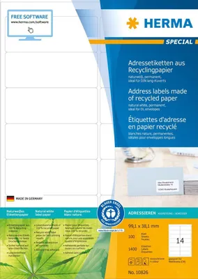 Zdjęcie produktu dla HERMA 10826, Biały, Papier, Laser/Atrament, Na stałe, Zaokrąglony prostokąt, 99,1 x 38,1