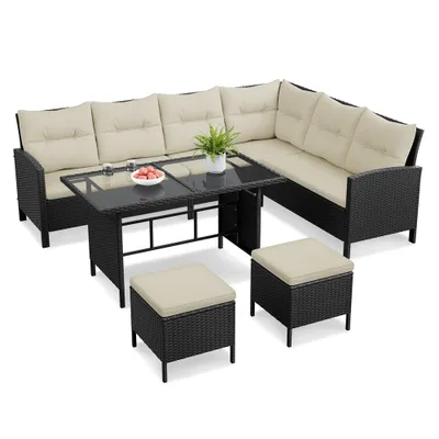 Produktbild von Yaheetech 4-tlg. Gartenmöbel Set aus Polyrattan, Lounge Set, inkl. Ecksofa & Esstisch & 2 Hocker, bis 7 Personen, Garten Essgruppe für Balkon Terrasse