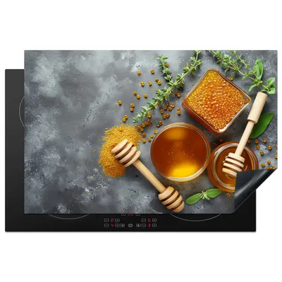 Obrázok produktu pre KitchenYeah® Kryt na varnú dosku med - bylinky - betón, 80x52cm, kuchynská dekorácia, keramický kryt varnej dosky, krycia doska na varnú dosku