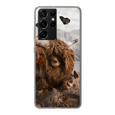 Produktbild von MuchoWow® Handyhülle Schutzhülle Hülle für Samsung Galaxy S21 Ultra Scottish Highlander - Schmetterlinge - Pflanzen Silikon Softcase Handy Hülle - Mobiltelefon