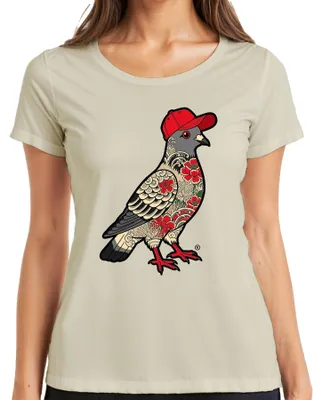 Immagine prodotto di T-shirt da donna, stile urban, con motivo di colomba tatuata in stile giapponese, cappellino da baseball, design "irezumi" (tatuaggio tradizionale giapponese), colore naturale, taglia 3XL