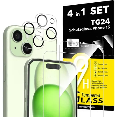 Produktbild von TG24 Panzerfolie Verbundglas für iPhone 15, 9H, 0,33mm, Klar. 4-teiliges Set: Displayschutz & Kameraschutz, für aktiven Displaybereich.