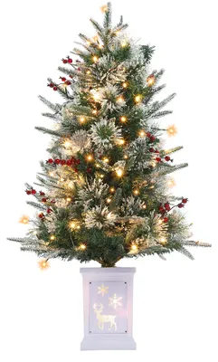 Produktbild von Künstlicher Weihnachtsbaum, schneebedeckt, 90 cm (3.0 Fuß) hoch, dicht belaubt (Fichte/Tanne) mit LED-Beleuchtung und schneebedeckten Zweigspitzen – Aufstellart: Klappmechanismus, Metallfuß