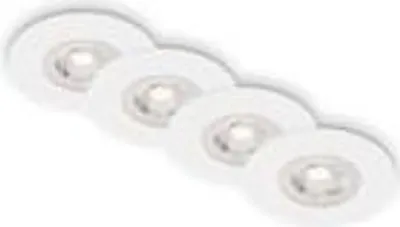 A set of four white LED recessed lights arranged diagonally on a white background.