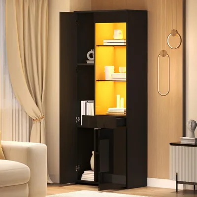 Produktbild von Vitrine mit Schubladen, Vitrine Hochglanz Glasvitrine mit LED-Beleuchtung Hochschrank Highboard Mit Schrank Standvitrine Trennwandlagerung