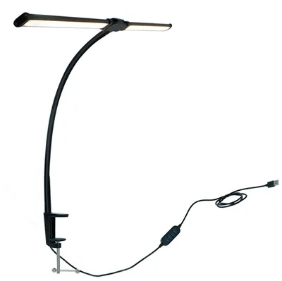 Immagine prodotto di Lampada da scrivania Relaxdays, alimentazione USB e via cavo, lampada a doppia testa a LED, larghezza 61 cm, lampada a morsetto con collo d'oca, nera