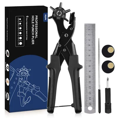 Immagine prodotto di Punzone per forare la pelle, punzone per forare le fibbie delle cinture, set completo, colore nero, quadrante con indicazione delle dimensioni dei fori, punzone a tamburo, lima, leva ergonomica, 6 dimensioni di fori (da 2 a 4,5 mm)