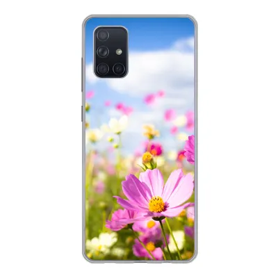 Produktbild von MuchoWow® Handyhülle Schutzhülle Hülle für Samsung Galaxy A51 5G Blumen - Wiese - Lila - Gras - Weiß - Wolken - Blau Silikon Softcase Handy Hülle - Abbildung
