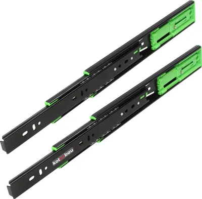 Two black drawer slides with green accents, displayed diagonally against a white background.