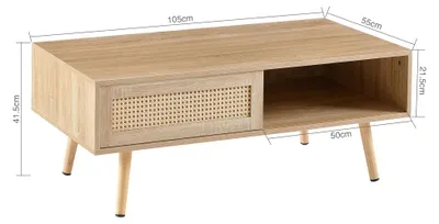 Image de Table basse en rotin - Table pour salon - Portes coulissantes - Espace de rangement - Pieds en bois - Bois naturel + MDF - 105 x 55 x 40 cm