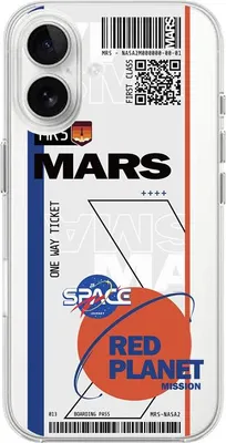 Produktbild von Flexible Hülle für das iPhone 16 Plus, TPU Silikon transparent, mit Weltraummotiv, Ticket zum Mars