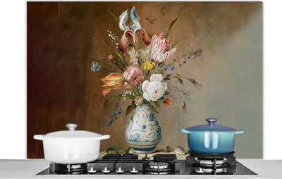 Produktbild von KitchenYeah®  Spritzschutz Küche - Küchenrückwand - Wandschutz für Herd und Spüle - Alte Meister - Blumen - Balthasar van der Ast 120x80 - Alu-Dibond (Alternative zum Spritzschutz aus Glas) - Hitzebes