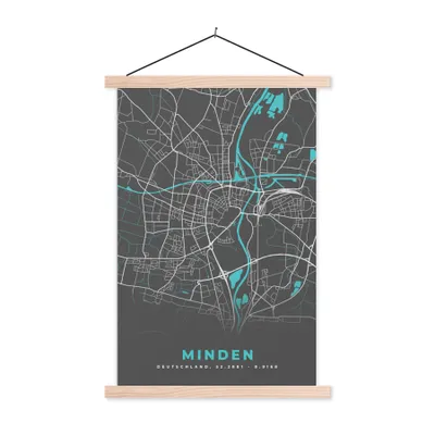Produktbild von MuchoWow® Textilposter Stadtplan - Karte - Minden - Blau - Deutschland - Karte 40x60 cm mit holzfarbenen Rahmen - Poster