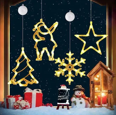Immagine prodotto di 4 pezzi - Decorazioni natalizie per finestre - Luci natalizie da appendere - Luce bianca calda - Funzionano a batterie - Con diffusore - Stelle, fiocchi di neve, alberi di Natale - Adatte alle decorazioni natalizie