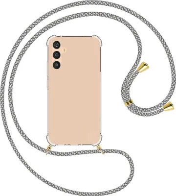Produktbild von Handykette Backcover-Schutzhülle mit Band (Metall goldfarben) für Samsung Galaxy A34 5G - weiß/grau kariert