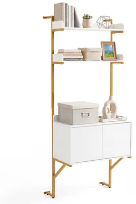 Produktbild von COSTWAY Leiterregal Wandmontage, Bücherregal mit 2 offenen Ablagen, Schrank & Doppeltüren, Wandregal Metallrahmen, platzsparendes Standregal, Weiß