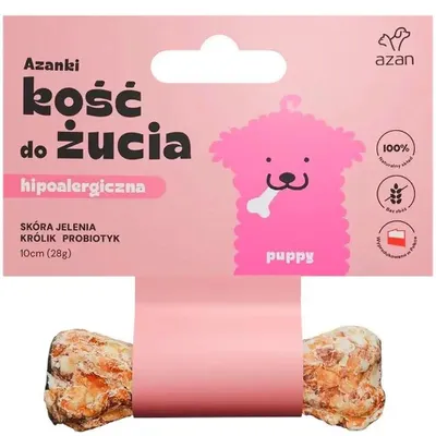 Imagen del producto de AZANKI. Hueso hipoalergénico hecho con piel de ciervo, con sabor a conejo y probióticos. Para cachorros. 10 cm