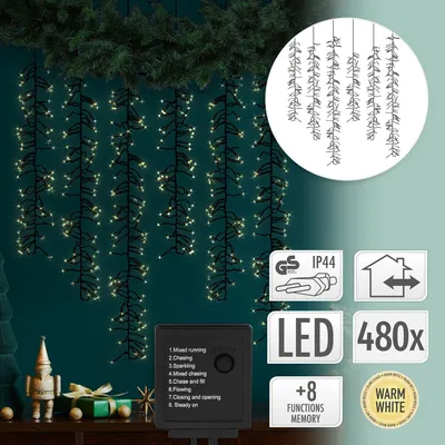 A product image showcasing LED icicle lights hanging from a dark green background, with various informational icons and text overlays.