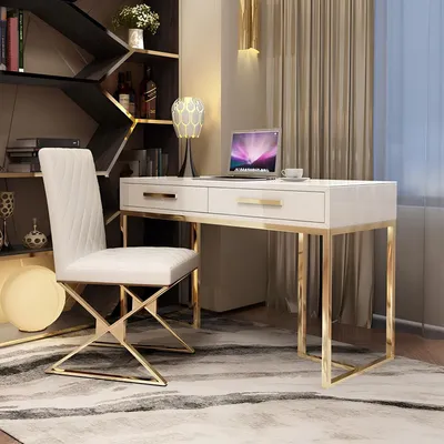 Image de Secrétaire design Bureau de luxe Meubles de bureau en acier inoxydable brillant Tables Fauteuils