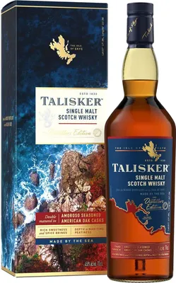 A bottle of Talisker Distillers Edition Scotch Whisky and its accompanying box, presented against a white background.