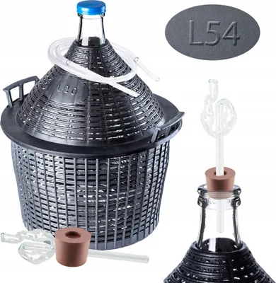 Obrázok produktu pre Sada sklenených karbošov KADAX "Alatri", s plastovým košom a fermentačným príslušenstvom, gumovou zátkou, sklenenou fermentačnou trubicou, fľašou, extraktorom 54 litrov