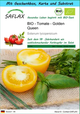 Produktbild von SAFLAX Geschenk Set - BIO - Tomate - Golden Queen - Solanum lycopersicum - 15 Samen - Mit Geschenkbox, Versandaufkleber, Geschenkkarte und Anzuchtsubstrat
