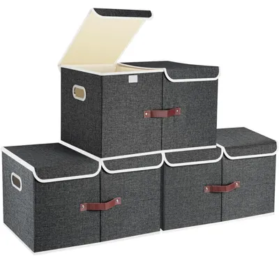 Productafbeelding van Opbergboxen met deksel, met vakken, van stof, 55x33x30cm, 3 stuks, zwart