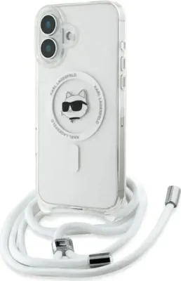 Produktbild von MagSafe Hülle für Apple iPhone 16 - Karl Lagerfeld IML Choupette Head & Cord Back Cover mit Kordel - Transparent