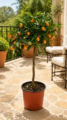Produktbild von Kumquat-Stämmchen Nagami ca. 50 cm – Fortunella margarita Zwergorange, mediterraner Zitrusbaum für Balkon und Terrasse, KI-generiertes Bild