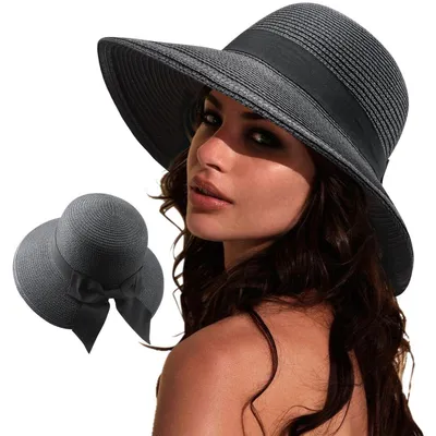 Immagine prodotto di Cappello da donna pieghevole, in carta di paglia con fiocco, colore nero, protezione UV 50+