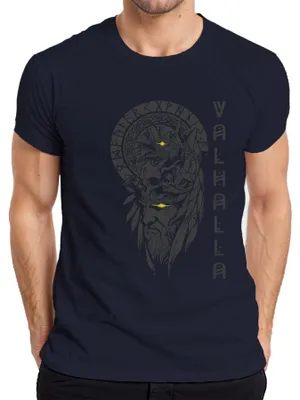 Productafbeelding van Wikings T-shirt, afbeelding: Odin, oog, geel, Valhalla, raaf, Noordse runen, mythologie, herenmodel, marineblauw, maat XL