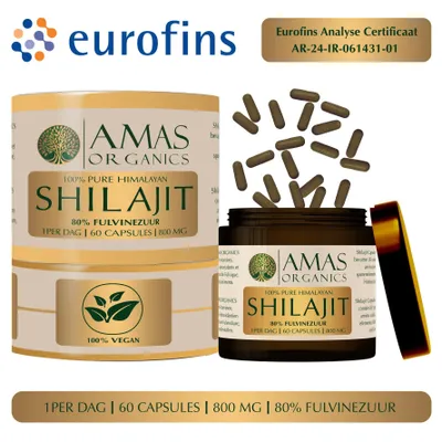 Produktbild von Amas Organics  100 % Reine Himalaya-Shilajit-Kapseln  80 % Fulvinsäure, 800 Mg, 60 Kapseln