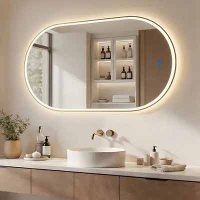 Obrázok produktu pre ARTFORMA LED kúpeľňové zrkadlo, oválne, 50 x 100 cm, zlaté, s dotykovým ovládaním a ochranou proti zahmlievaniu