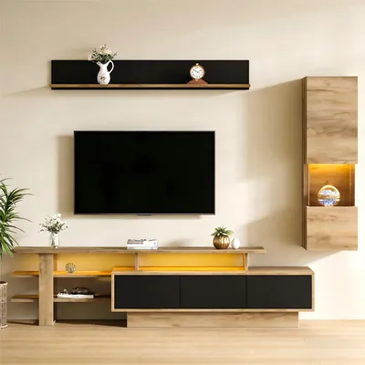 Produktbild von STILVORA TV Wohnwand 3-teilig mit LED-Beleuchtung und 3 Schubladen TV-Schrank, Wohnzimmer Vitrine für TV bis 80 Zoll, Hängeregal Wohnzimmermöbel Set Schwarz + Naturholzfarbe