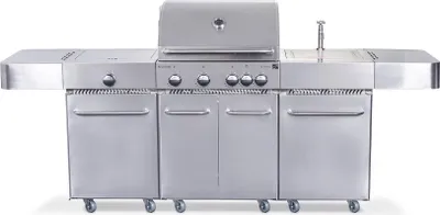 A stainless steel gas grill with multiple burners and side shelves, presented on a white background.