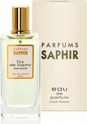A bottle of Saphir Toy de Saphir Eau de Parfum for women and its packaging are displayed against a white background.