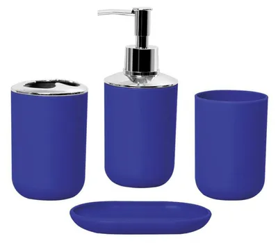 Image de Ensemble de salle de bain en 4 pièces, couleur bleue : distributeur de lotion, distributeur de savon, porte-savon, porte-brosses à dents, gobelet à dents, organisateur en plastique