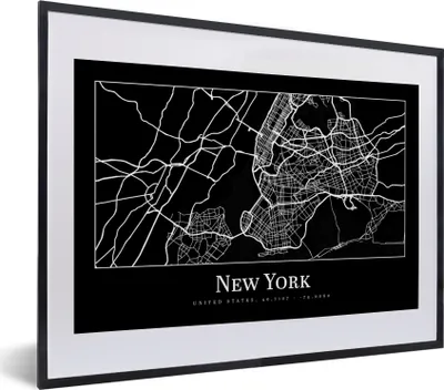Produktbild von MuchoWow® Gerahmtes Poster Karte - New York - Stadtplan - Karte 40x30 cm - Poster mit Schwarzem Bilderrahmen Wandposter Rahmen Foto Bilder - Bilderrahmen - Poster im Rahmen