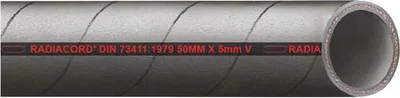 A close-up, straight-on view of a gray industrial hose with black diagonal stripes and red text markings. The right end of the hose is open, revealing its inner texture.
