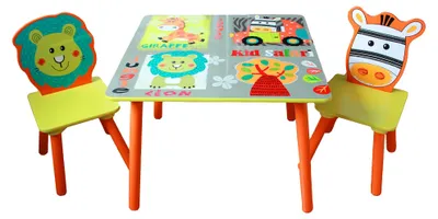 Immagine prodotto di Tavolo per bambini con 2 sedie, set in legno – ideale per studiare, giocare, disegnare e mangiare – SAFARI