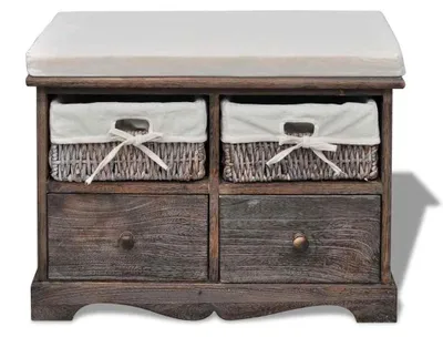 Image de Banc de rangement en bois avec 2 paniers à linge et des tiroirs