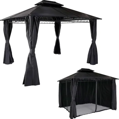 Produktbild von Hardtop Pergola MCW-M81, Pavillon, Aluminium Dachstreben 7cm-Stahlgestell mit Seitenwand und Moskitonetz 3,6x3m  grau