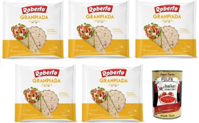 Produktbild von 5x Roberto GranPiada Classica,Dünnes und Duftendes Piadina Brot,Packung mit 330g, Jede Packung enthält 3 Wraps + Italian Gourmet Polpa di Pomodoro 400g Dose