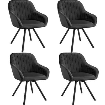 Four black upholstered chairs arranged in a grid on a white background.