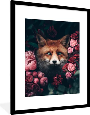 Produktbild von MuchoWow® Gerahmtes Poster Fuchs - Blumen - Tiere 60x80 cm - Poster mit Schwarzem Bilderrahmen Wandposter Rahmen Foto Bilder - Wohnzimmer - Dekorationen - Prämie