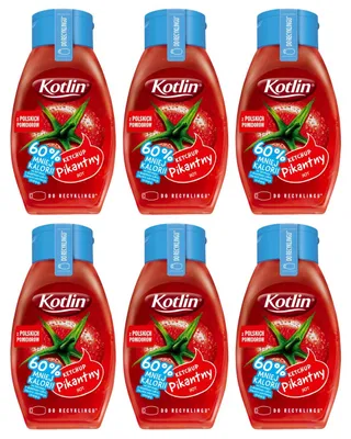 Image de Ketchup Kotlin : 60 % moins de calories. Pack de 6 bouteilles de 420g. Ketchup aux tomates, version piquante