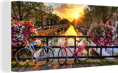 Produktbild von MuchoWow® - Leinwandbilder - Amsterdam - Blumen - Brücke - Fahrrad - Sonnenuntergang, Wandbild, Wanddeko Bilder Wohnzimmer, 40x20 cm