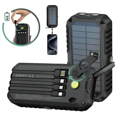 Produktbild von Solar Powerbank 40000mAh mit Handkurbel, 22,5W Schnellladung, 6 Ausgänge & 4 Eingänge, Outdoor Akku mit Taschenlampe, Kompass, Kabel integriert